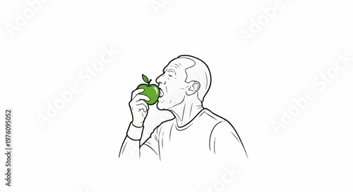 Man's profile biting into a vibrant green apple with a leaf