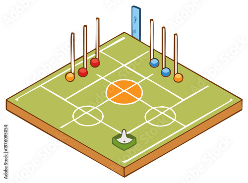Isometric cartoon game board with colorful pieces on a field