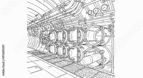 Intricate internal view of a complex, industrial tunnel with pipes and machinery
