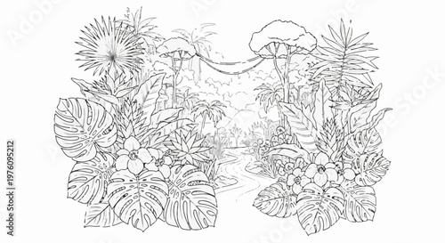 Lush jungle foliage frames a winding path leading through dense tropical greenery and trees