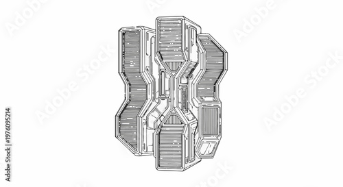 Intricate geometric metallic structure with vertical lines and paneling