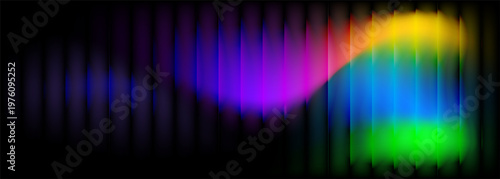 Black modern wide ribbed abstract background with bright blurred iridescent gradient. Vector illustration vibrant futuristic rippled texture. Sharp distortion banner.