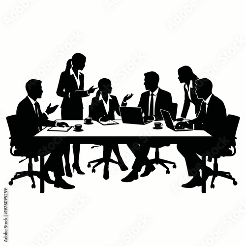 Business team discussing vector silhouette office meeting
