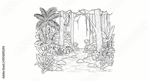 Lush jungle scene with a winding stream and dense foliage