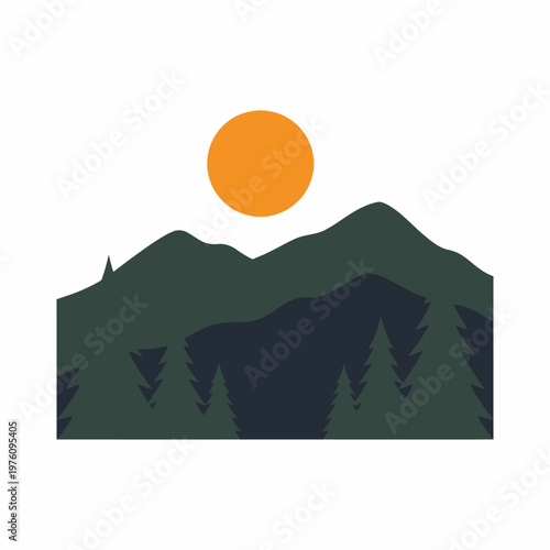 Vector silhouette illustration of a mountain range at sunset with trees.