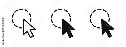 Mouse cursor selecting a dashed circular area icon in three different visual styles.
