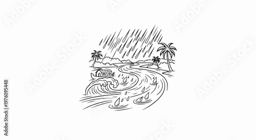 Lush tropical scene with heavy rainfall over a winding river and palm trees