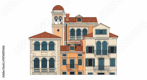Italian-style building complex with bell tower, arched windows, and balconies