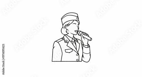 Line art of a woman in uniform singing into a microphone