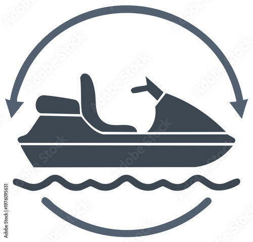 Stylized Jet Ski Icon with Circular Arrows Over Water, Symbolizing Rotation and Movement
