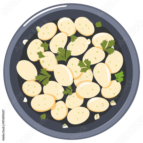 Bowl of fresh gnocchi with herbs and garlic, top view flat lay vector illustration