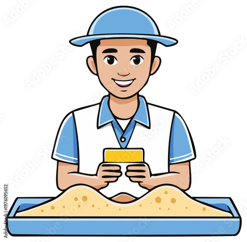 Smiling cartoon man in blue hat holding golden rectangular object over a sand tray