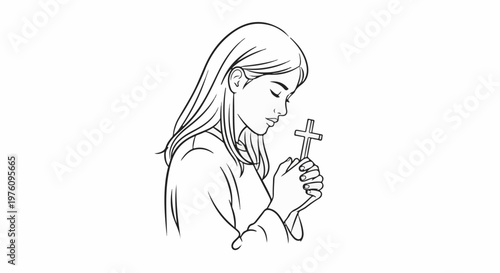 Line art of a young woman praying with a cross in her hands
