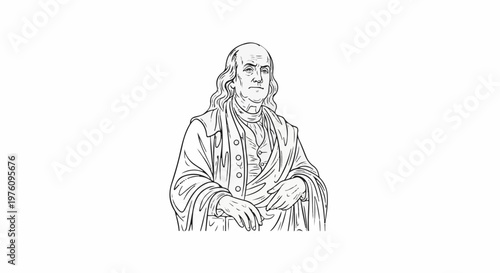 Line drawing of a distinguished man in historical attire with long wavy hair