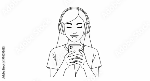 Line art of a young woman wearing headphones, eyes closed, smiling while holding a smartphone