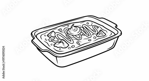 Line art drawing of a rectangular casserole dish filled with food and toppings