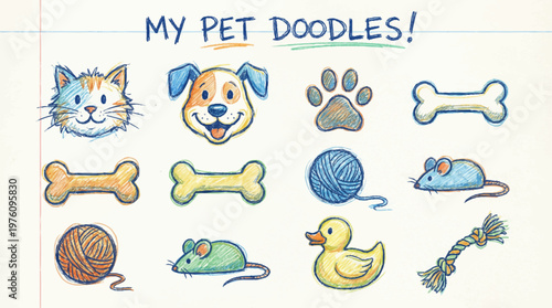 Colorful pet doodles of animals and toys.