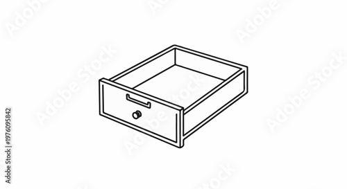Line art drawing of an open wooden drawer with a knob