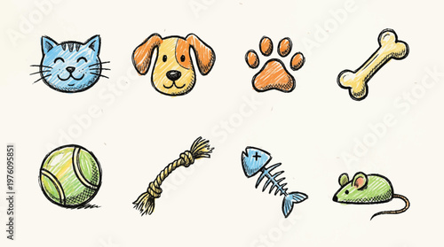 Cute cartoon pet icons and toys.