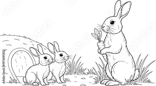Rabbits Holding Leaf in Grass