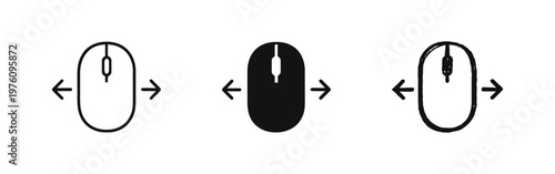 Mouse horizontal scroll icon set. Computer mouse with left and right arrows, representing horizontal navigation, adjustment, or resizing functionality.
