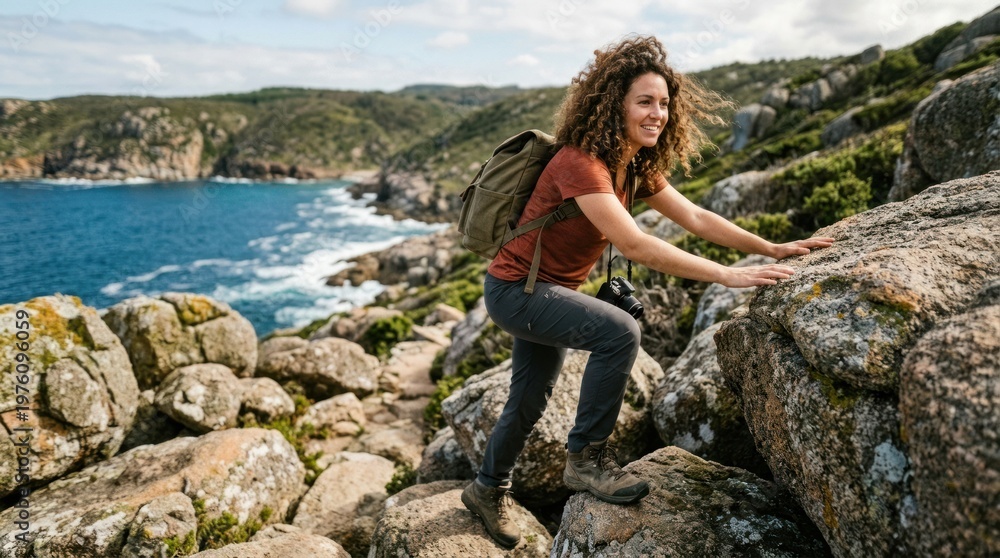 Naklejka premium A woman is hiking along a rocky coastline. She is climbing over large boulders with a backpack and camera.