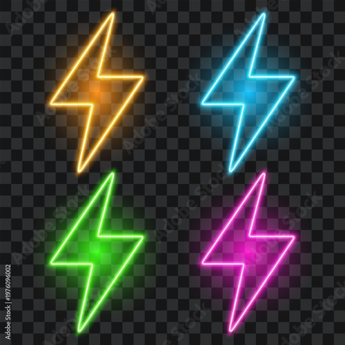 Neon lightning bolt set, colorful glowing signs, vector illustration.