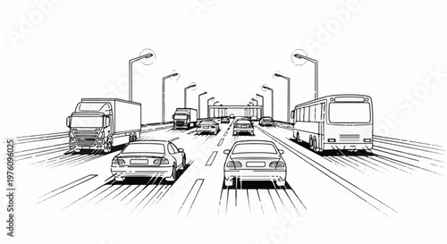 Line drawing of a busy highway with multiple lanes and various vehicles