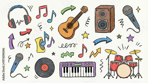 Music icons and instruments illustration.