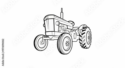 Line art illustration of a classic agricultural vehicle with large rear wheels