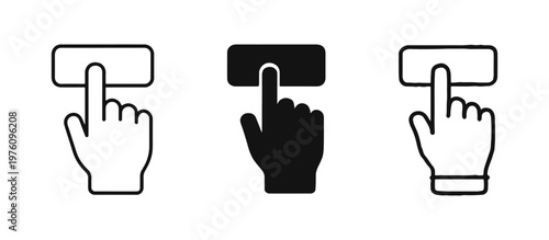 Hand pressing button icon set. Depicting a finger tapping or pushing a rectangular button, indicating user interaction, click, or selection.