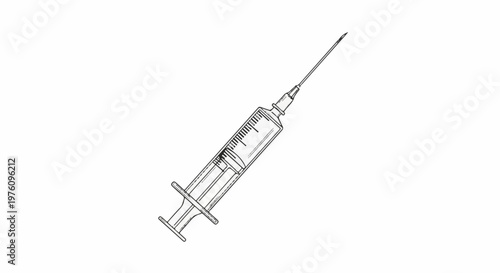 Line art illustration of a medical syringe with a needle, pointing diagonally upwards