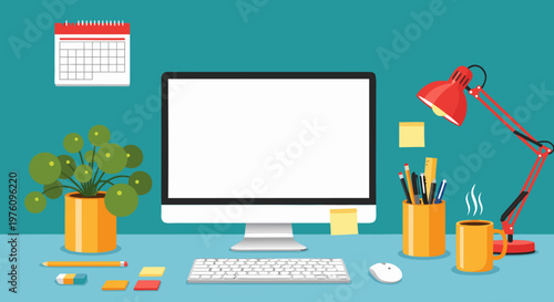 Foto Desk setup illustration with computer, lamp, plants, and calendar