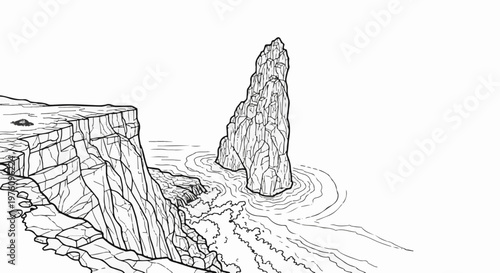 Jagged cliff overlooks a tall sea stack surrounded by swirling ocean waves