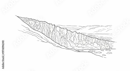 Jagged cliffs overlook a vast glacial landscape with distant, layered hills