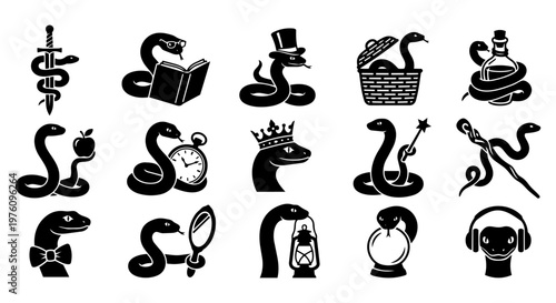 A diverse collection of black and white snake icons, each depicting a serpent interacting with various symbolic objects like a sword, book, crown, or mirror, presented in a clean graphic style.