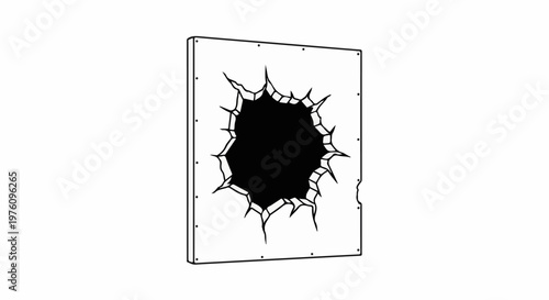 Jagged hole rips through a flat, white surface, revealing darkness