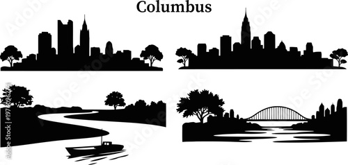 Columbus city silhouette set on transparent background.