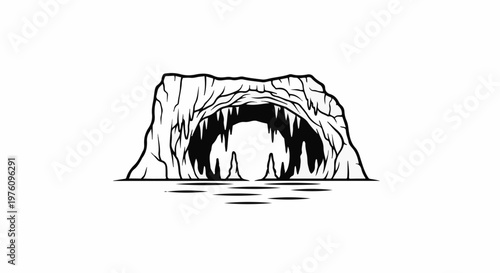 Jagged ice cave mouth with sharp icicles, reflecting in water