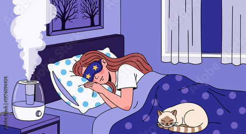 Woman sleeping soundly with cat and humidifier in a cozy bedroom