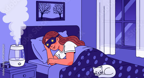 A Woman Sleeping Soundly in a Cozy Bedroom with a Humidifier and a Cat