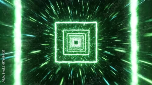 Green glowing squares tunnel background.