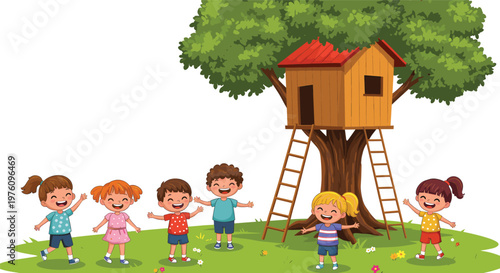 Happy kids playing near treehouse in park, children outdoor activity cartoon illustration fun playground concept