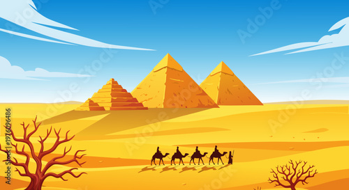Ancient Egyptian pyramids in the desert with a camel caravan crossing the sand dunes under a blue sky