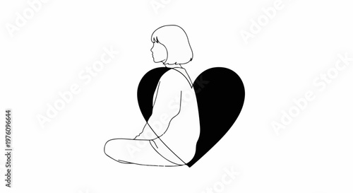 Minimalist outline of a person sitting in lotus pose with a black heart