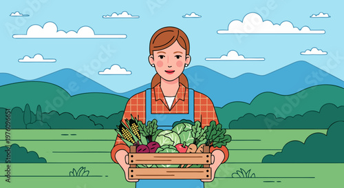 Woman farmer holding a crate of fresh organic vegetables with a scenic rural landscape in the background