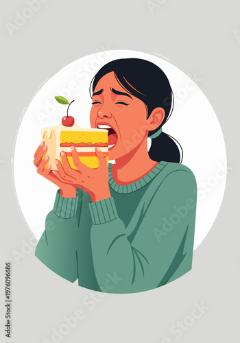 A young woman with dark hair, wearing a teal sweater, is joyfully indulging in a large slice of cake, topped with a cherry and whipped cream