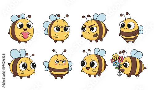 Cute cartoon bees vector set with big eyes showing love anger and flower carrying characters in childlike doodle style for kids design