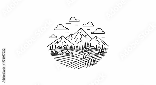 Minimalist outline of a village nestled among rolling hills and majestic mountains