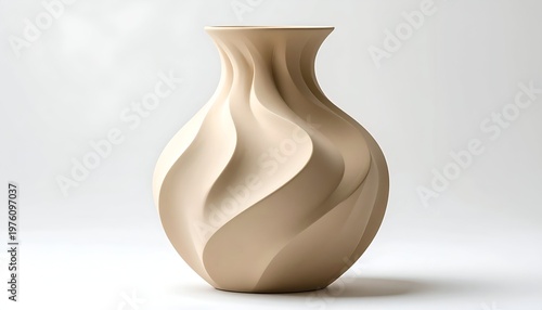 A smooth, neutral-toned ceramic vase features a swirling, organic design. It stands alone against a white backdrop, emphasizing its form